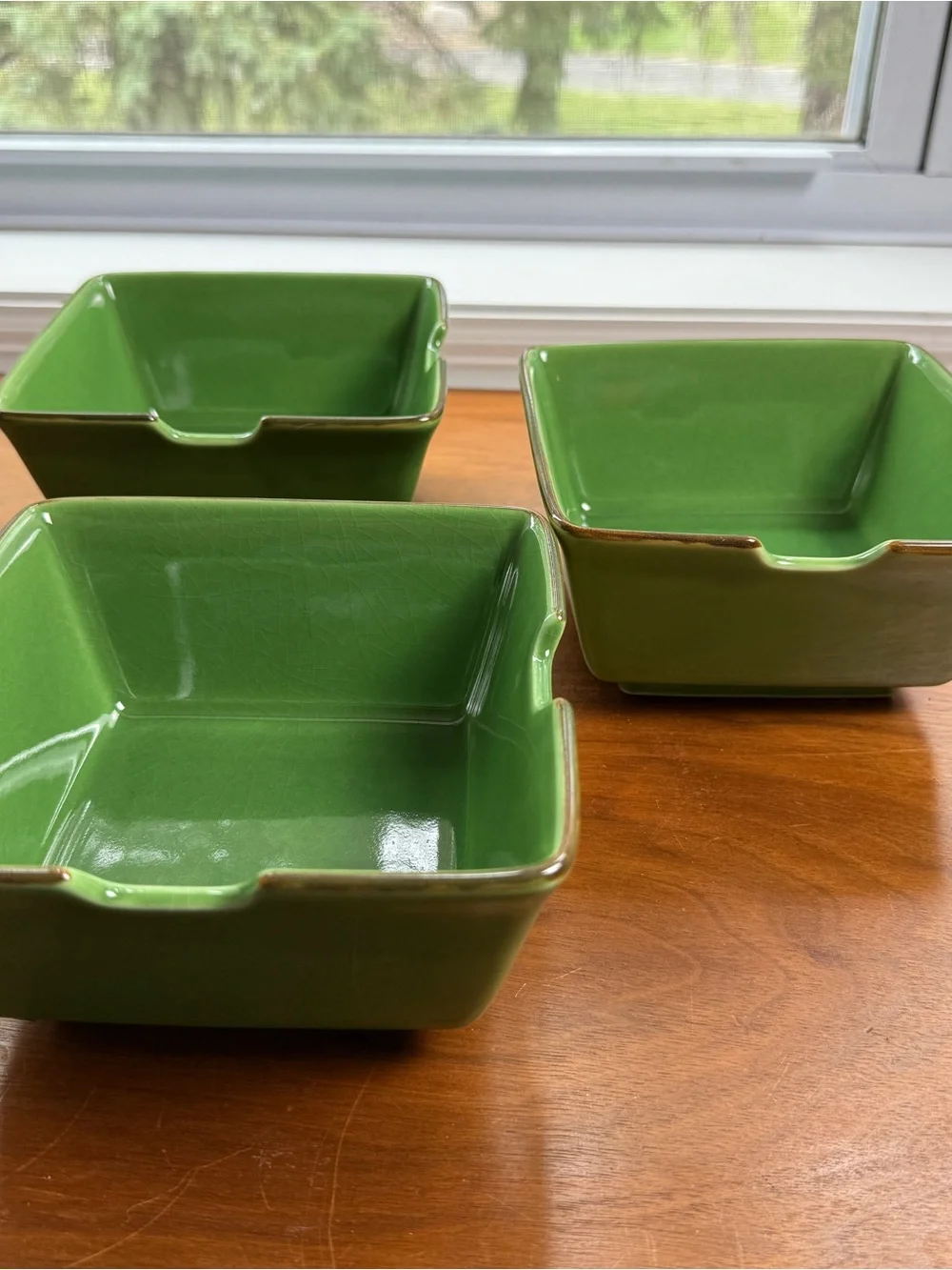 Pottery Barn Asian Square Green Pho Noodle Soup Bowls 6X6 Set of 3 Cottage Farm